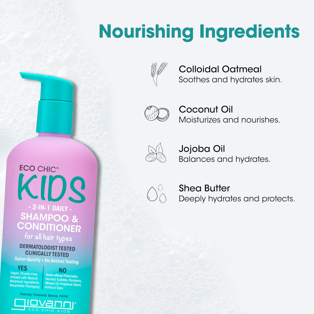 Kids’ bath time scene featuring Gio Giovanni Eco Chic 2-in-1 detangling and easy rinse.
