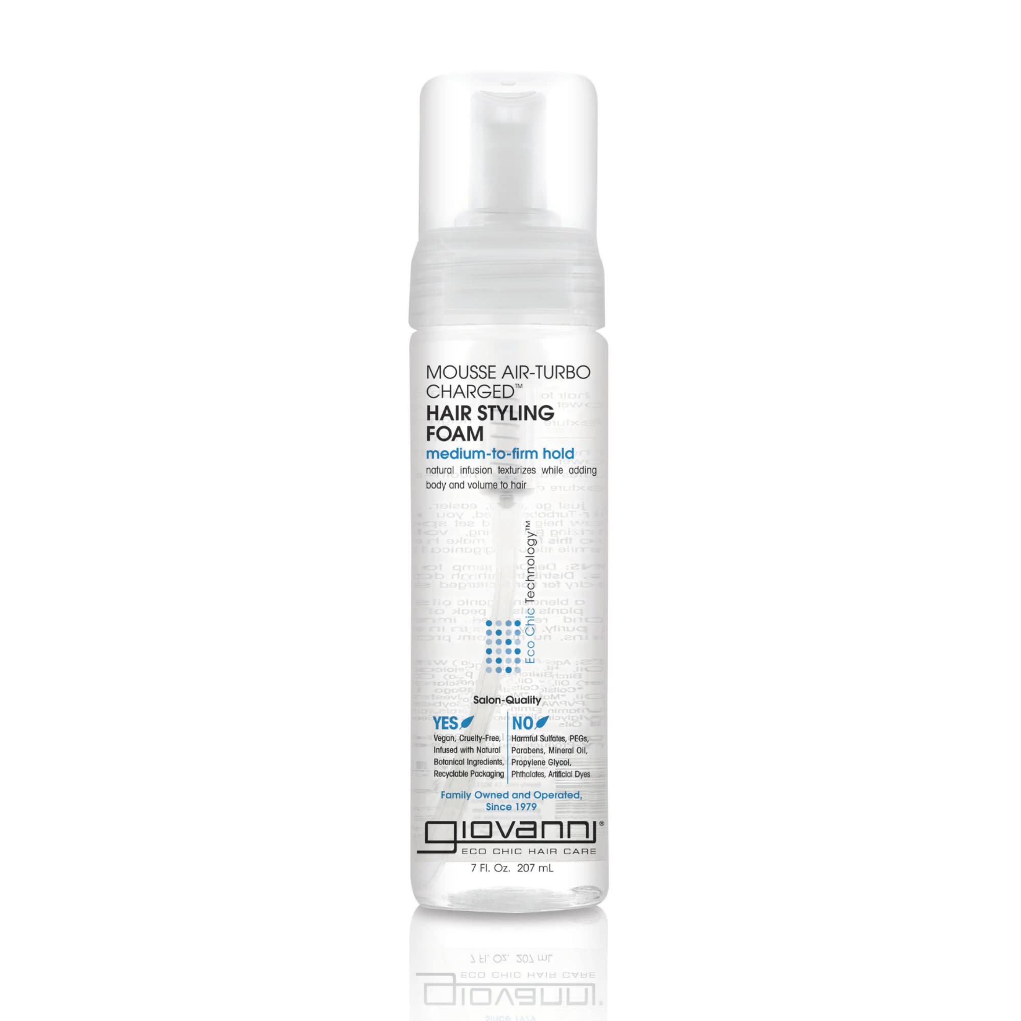 GIOVANNI Mousse Air-Turbo bottle pump demonstrates volumizing foaming action for all hair types.