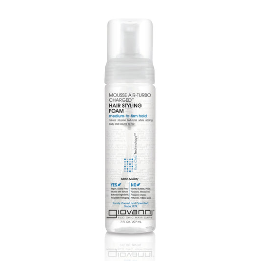 GIOVANNI Mousse Air-Turbo bottle pump demonstrates volumizing foaming action for all hair types.