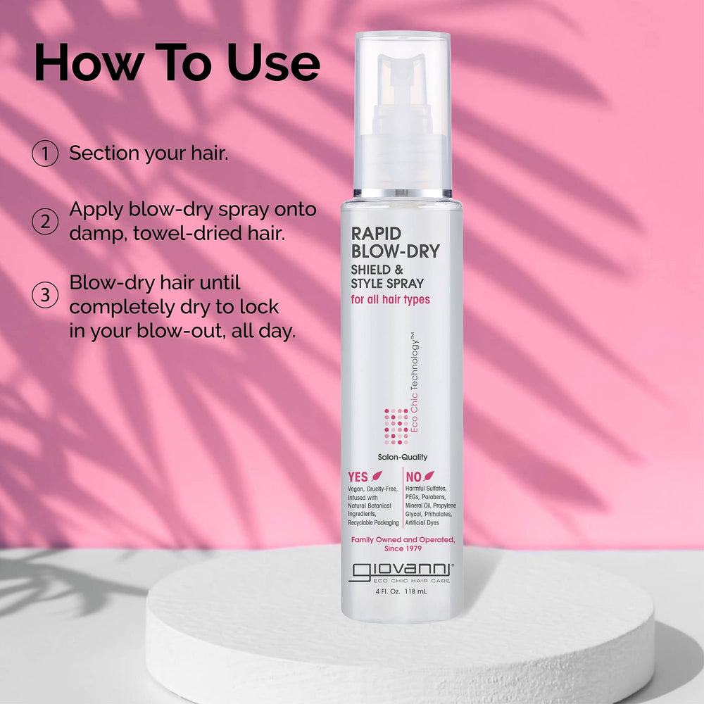 Giovanni Rapid Blow Dry Shield vegan cruelty-free label on packaging.