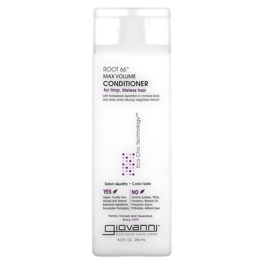 Giovanni Root 66 Max Volume Conditioner bottle promotes root lift and hydration.