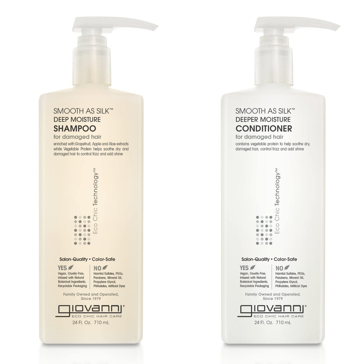 Giovanni Smooth as Silk Deeper Moisture Shampoo bottle, color-safe and sulfate-free for gentle cleansing.