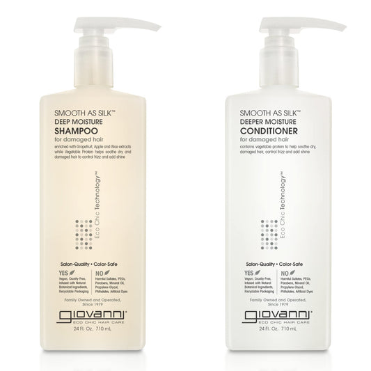 Giovanni Smooth as Silk Deeper Moisture Shampoo bottle, color-safe and sulfate-free for gentle cleansing.