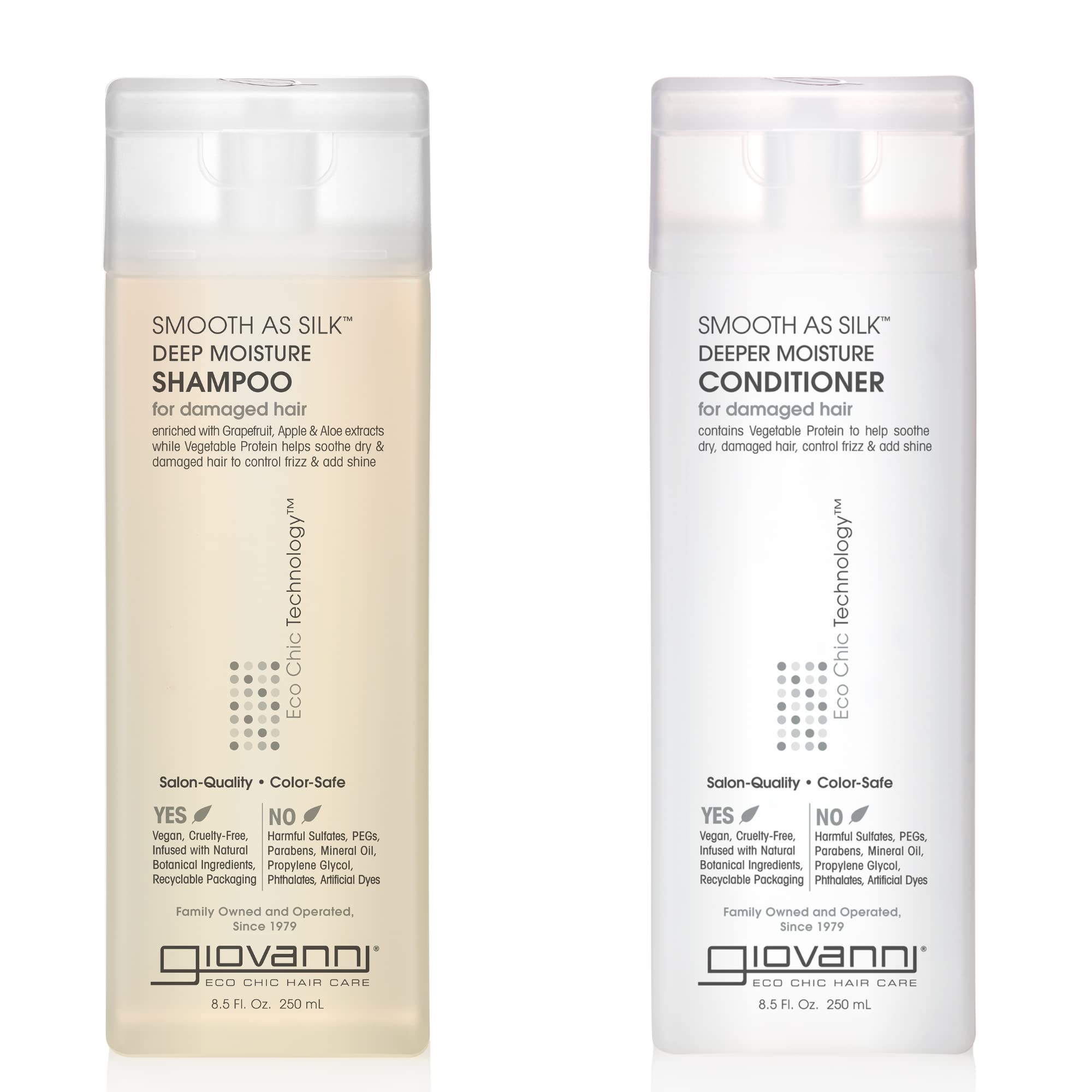 GIOVANNI Smooth as Silk Deeper Moisture shampoo bottle for frizz control.