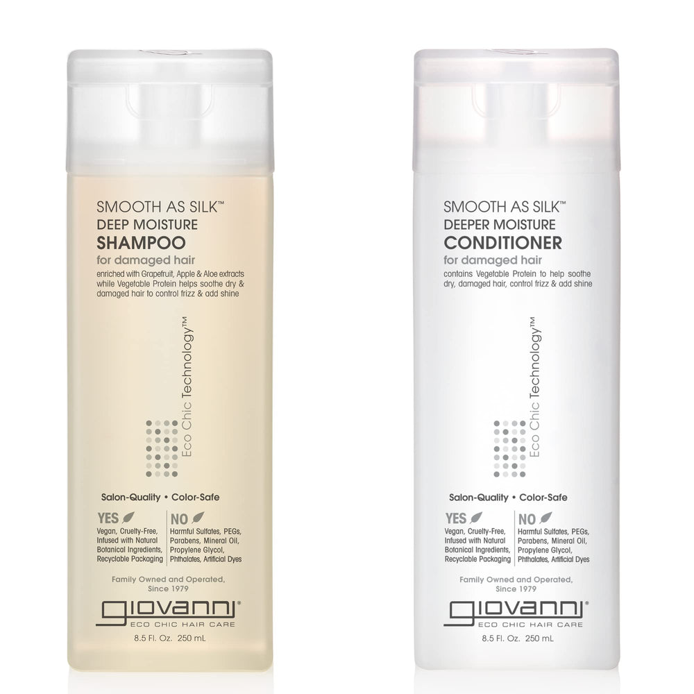 GIOVANNI Smooth as Silk Deeper Moisture shampoo bottle for frizz control.