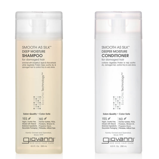 GIOVANNI Smooth as Silk Deeper Moisture shampoo bottle for frizz control.