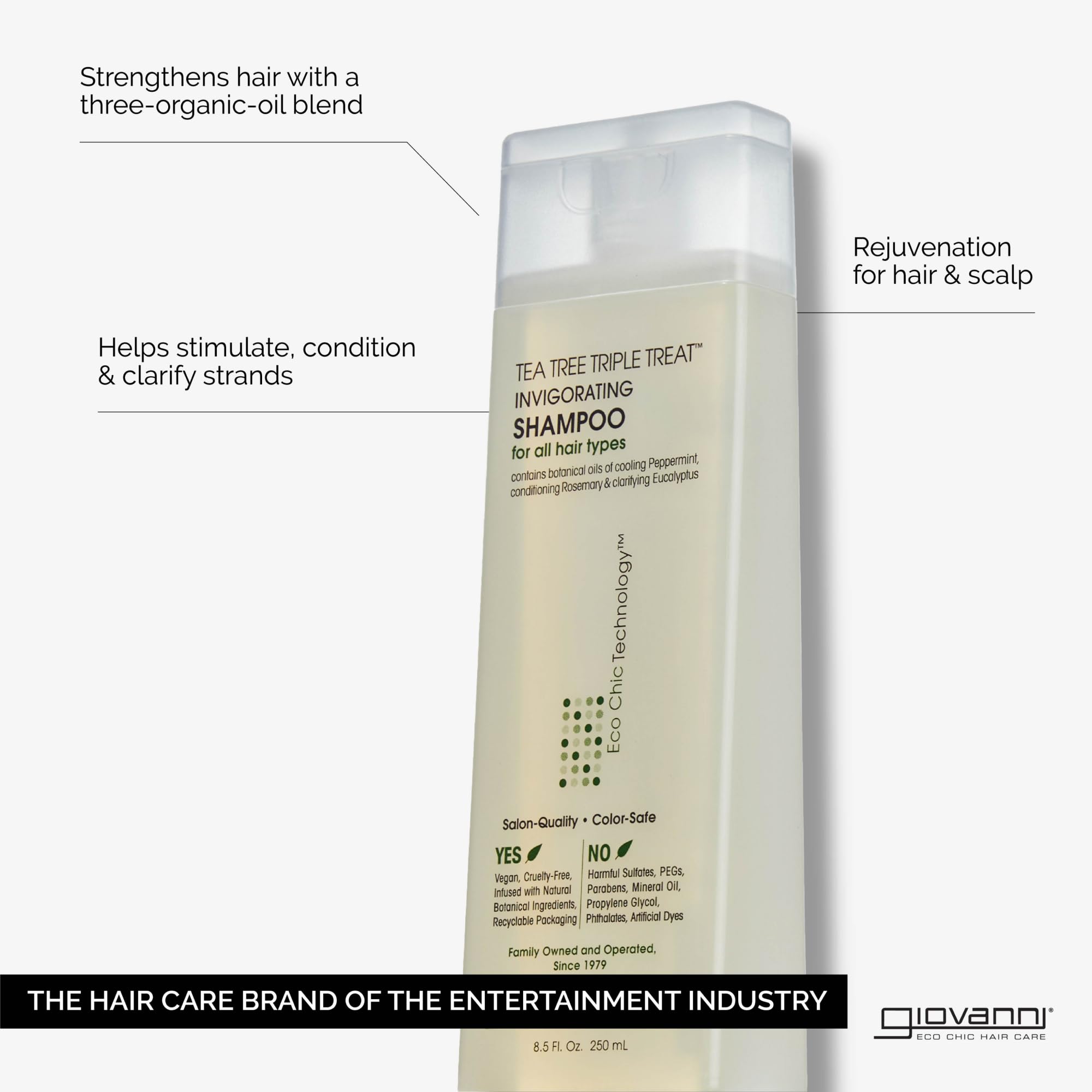 Giovanni Tea Tree Invigorating Shampoo label highlights natural oil blend.