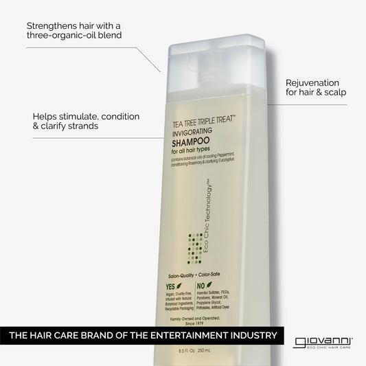Giovanni Tea Tree Invigorating Shampoo label highlights natural oil blend.