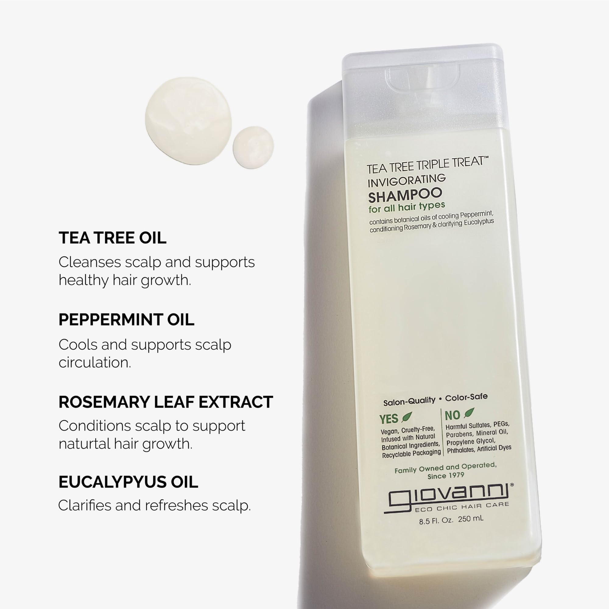 Giovanni Tea Tree Invigorating Shampoo clarifying rich lather.