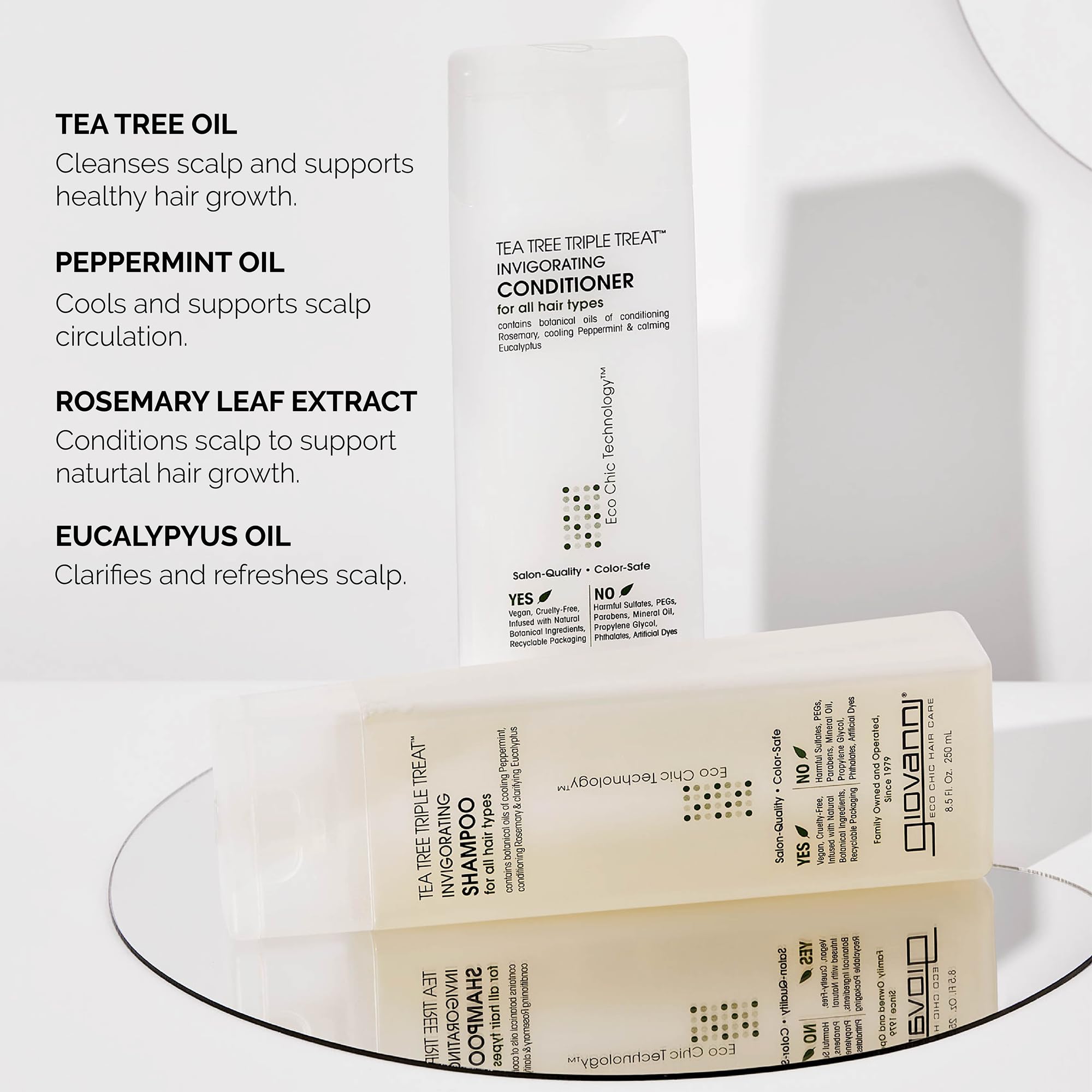 Close-up of GIOVANNI Tea Tree Triple Threat shampoo label highlighting natural actives