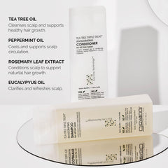 Close-up of GIOVANNI Tea Tree Triple Threat shampoo label highlighting natural actives