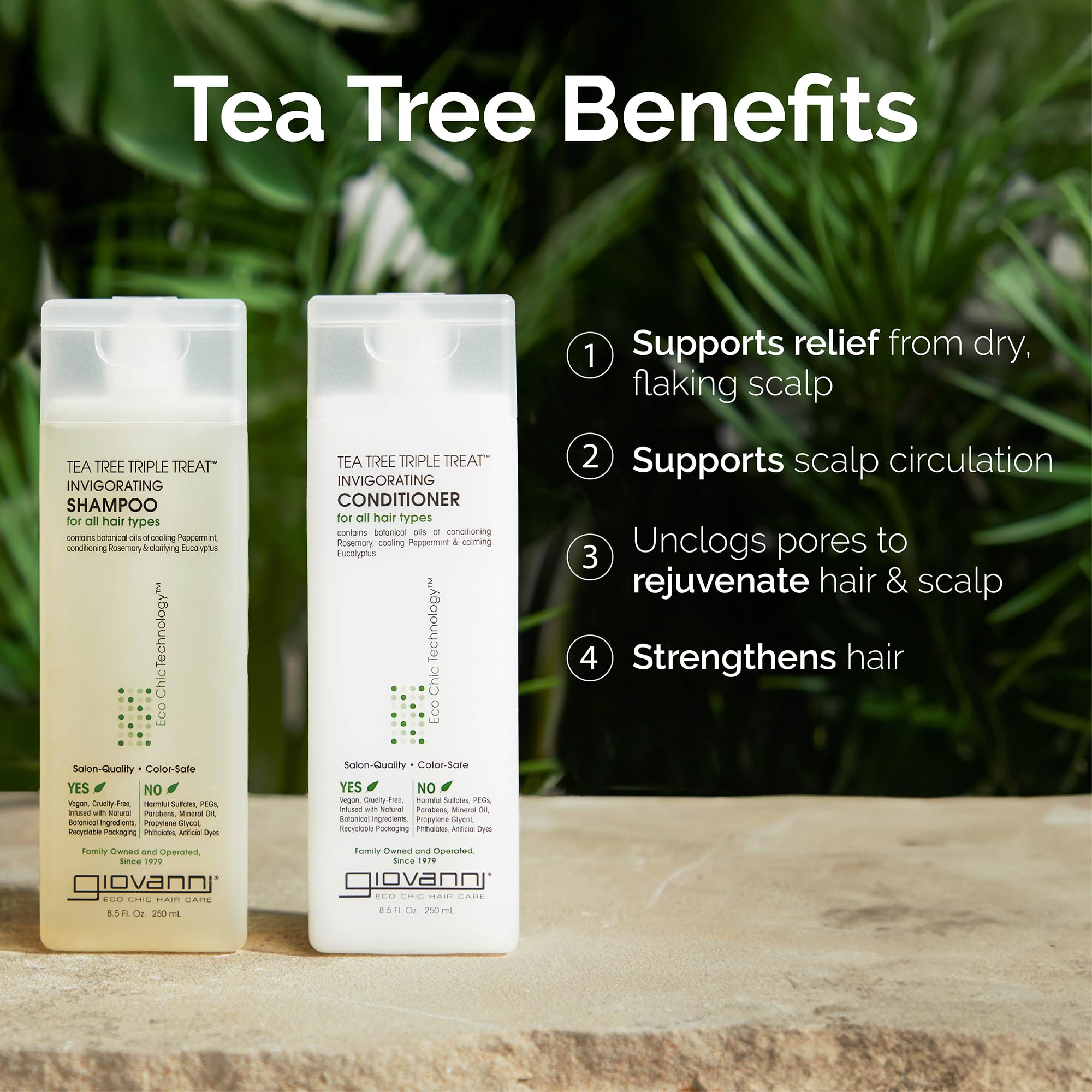 GIOVANNI Tea Tree Triple Threat duo in a bathroom setup for travel use