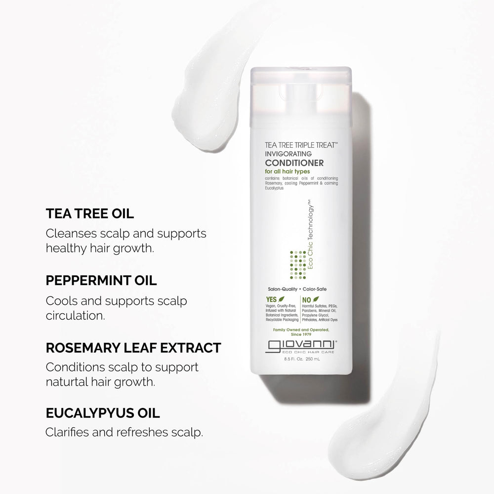 Close-up of Giovanni Tea Tree Triple Treat label – vegan cruelty-free formula