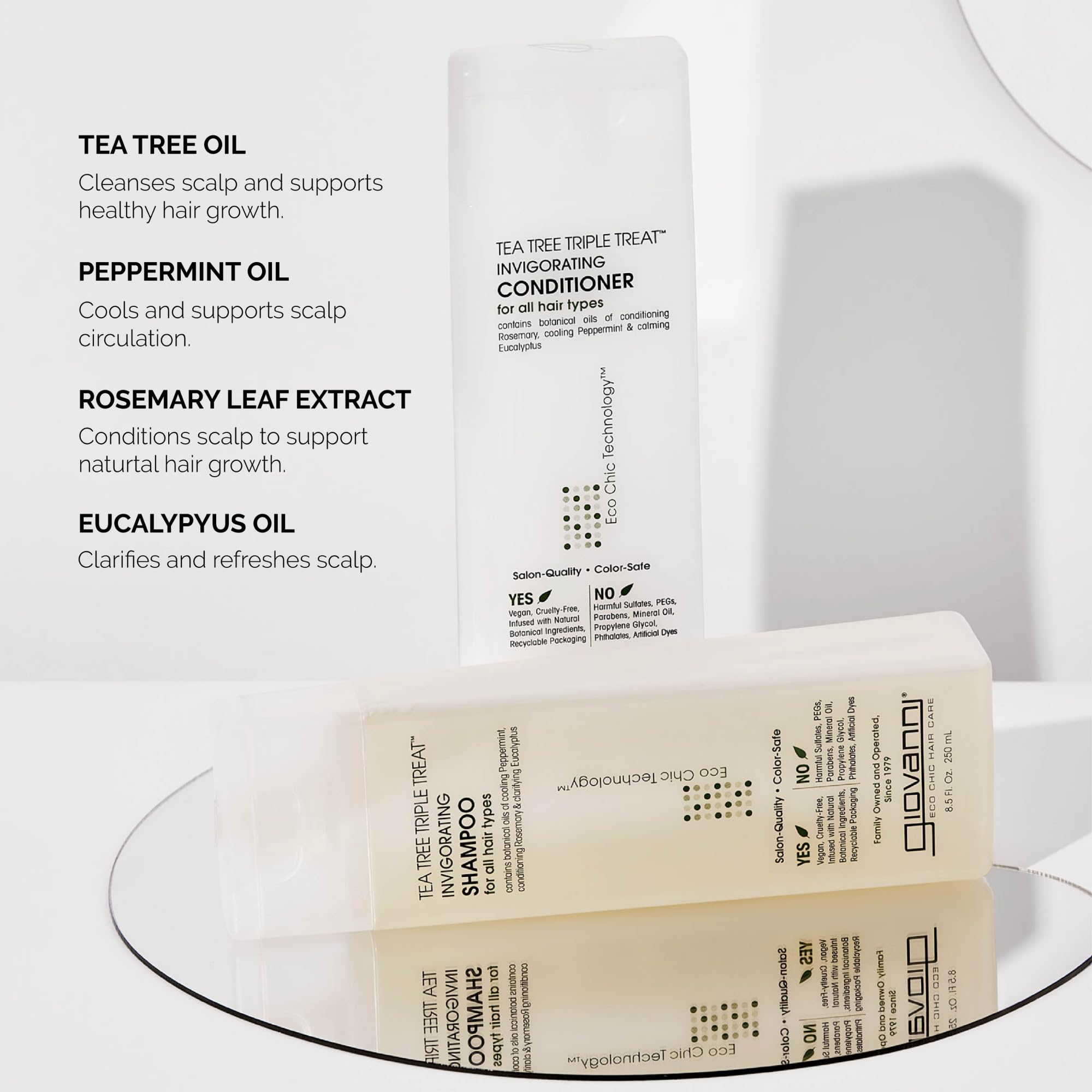 GIOVANNI Tea Tree Triple Treat label closeup shows color-safe formula.