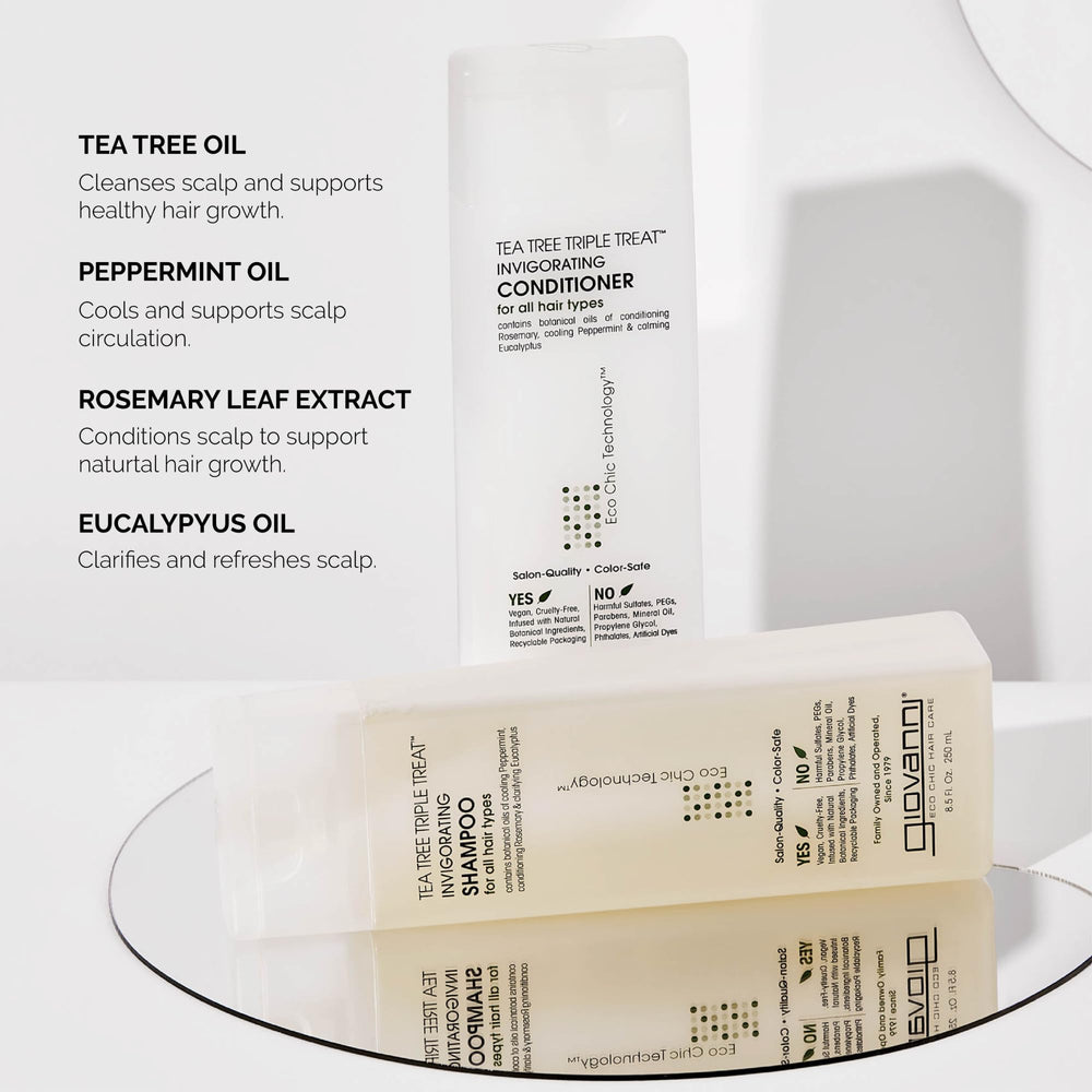 GIOVANNI Tea Tree Triple Treat label closeup shows color-safe formula.