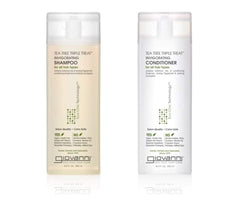GIOVANNI Tea Tree Triple Treat shampoo bottle boosts scalp refreshment and cleansing.