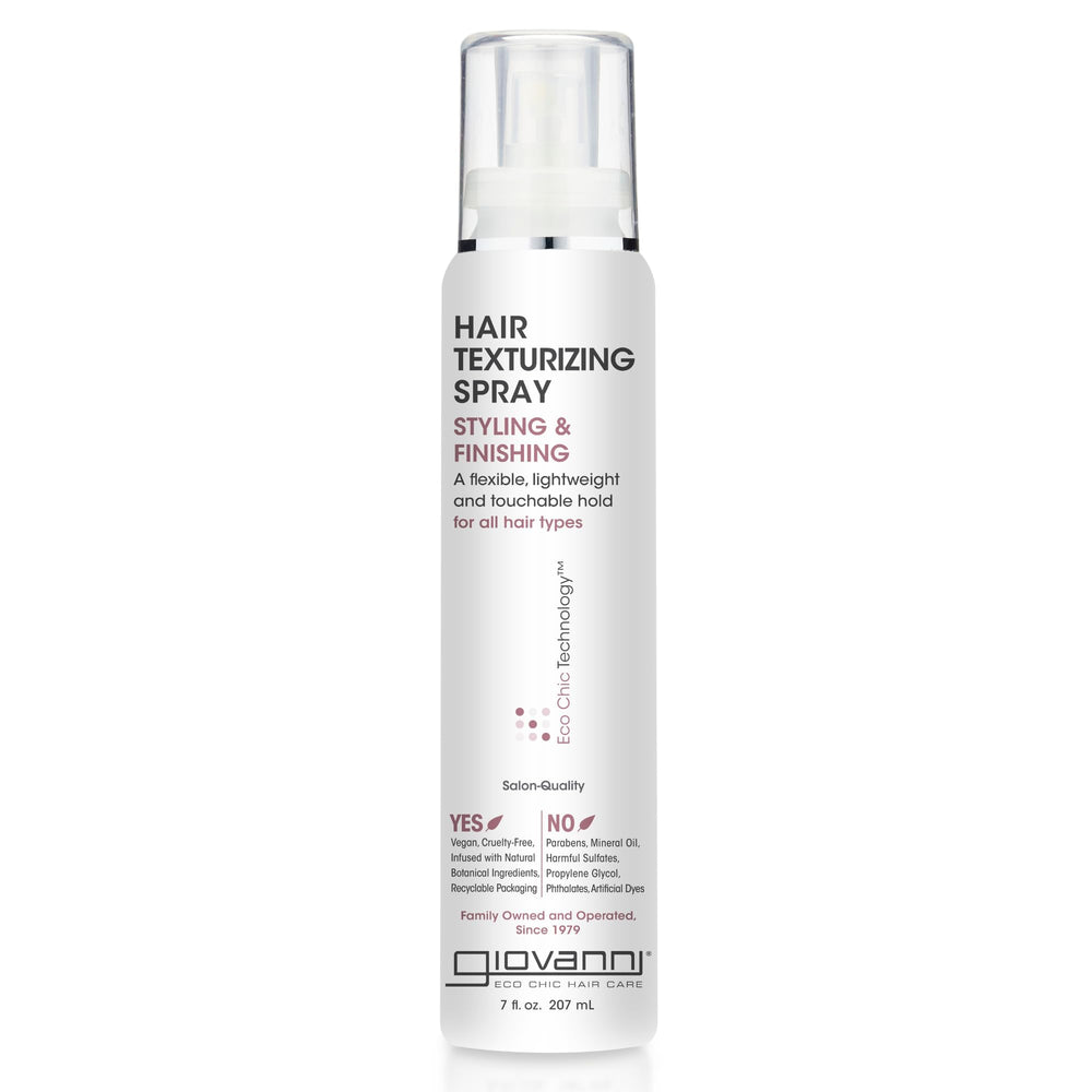 GIOVANNI Texturizing Spray bottle closeup for voluminous, textured hair.