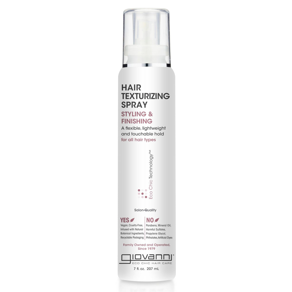 GIOVANNI Texturizing Spray bottle closeup for voluminous, textured hair.