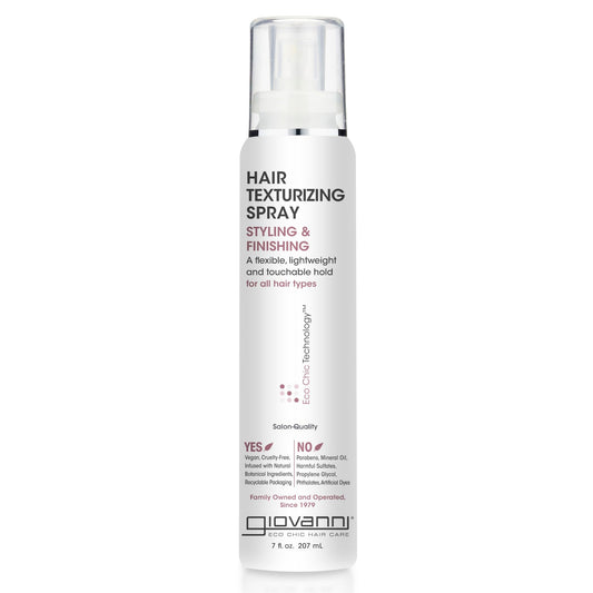 GIOVANNI Texturizing Spray bottle closeup for voluminous, textured hair.