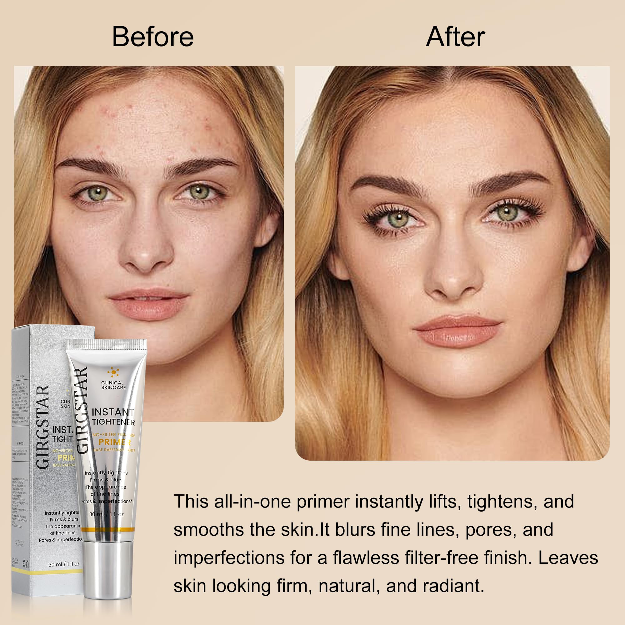 Girgstar Instant Face Primer worn alone for a naturally smooth, lifted-looking finish