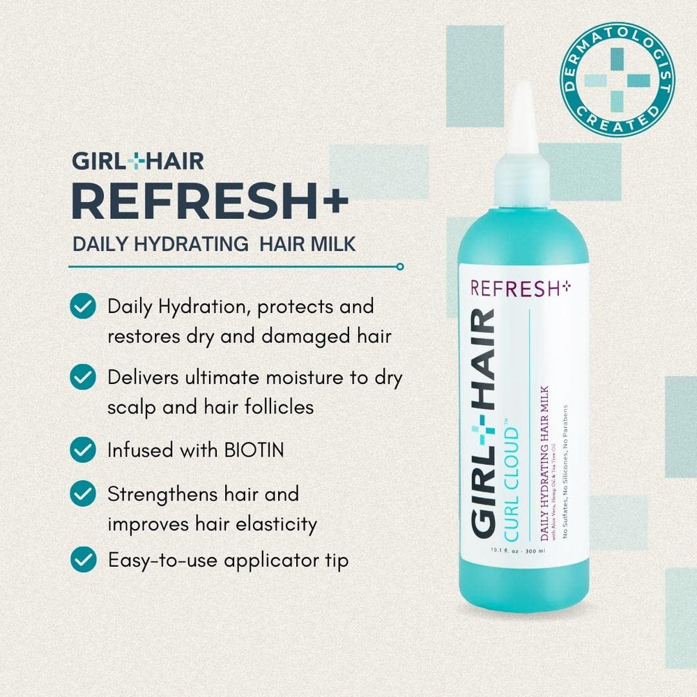 GIRL+HAIR Hydration moment as the daily milk bottle pours onto hair and scalp