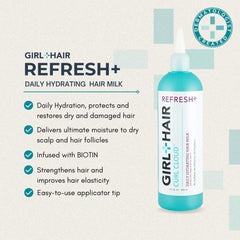 GIRL+HAIR Hydration moment as the daily milk bottle pours onto hair and scalp