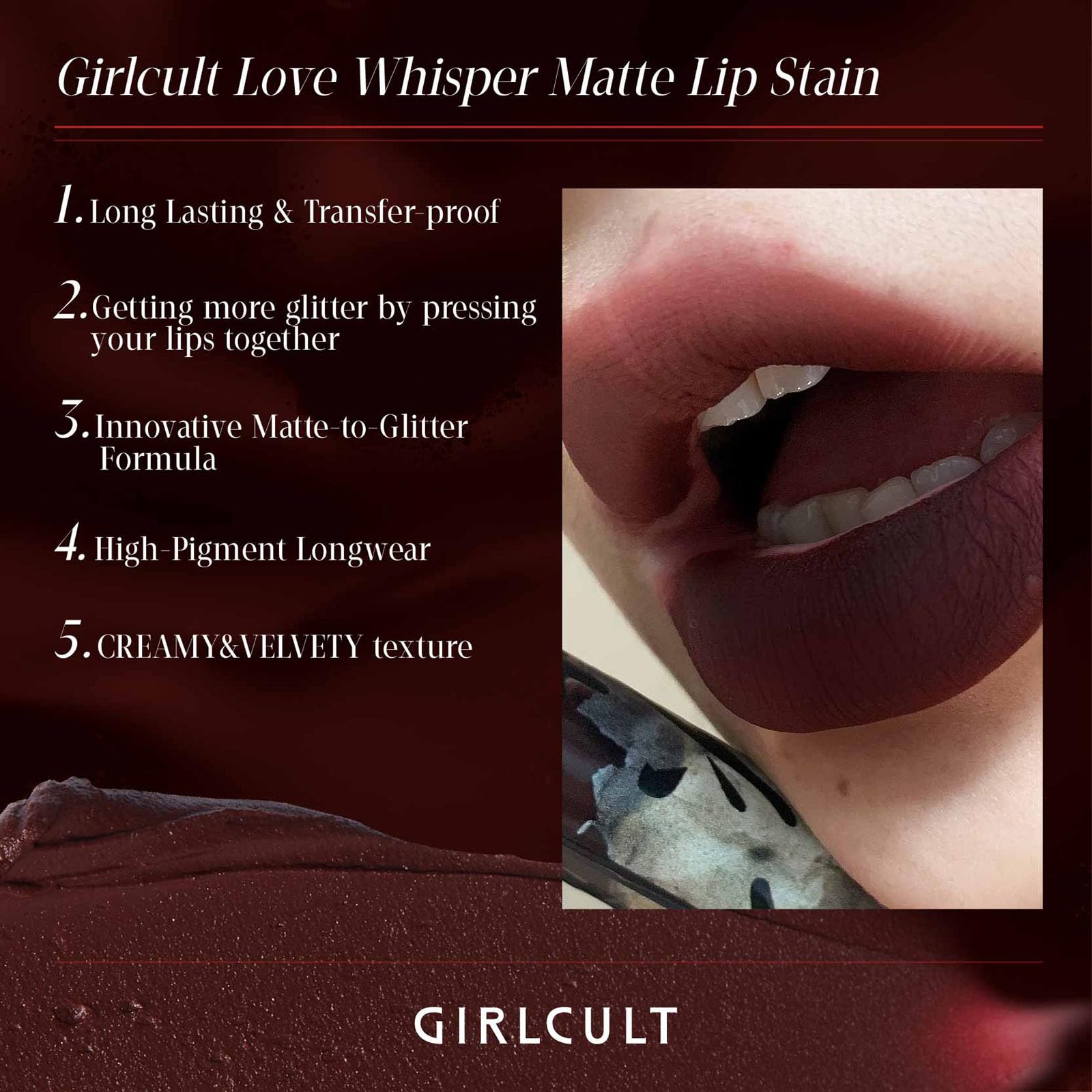 GIRLCULT Matte Lip Stain is transfer resistant for long-lasting color.