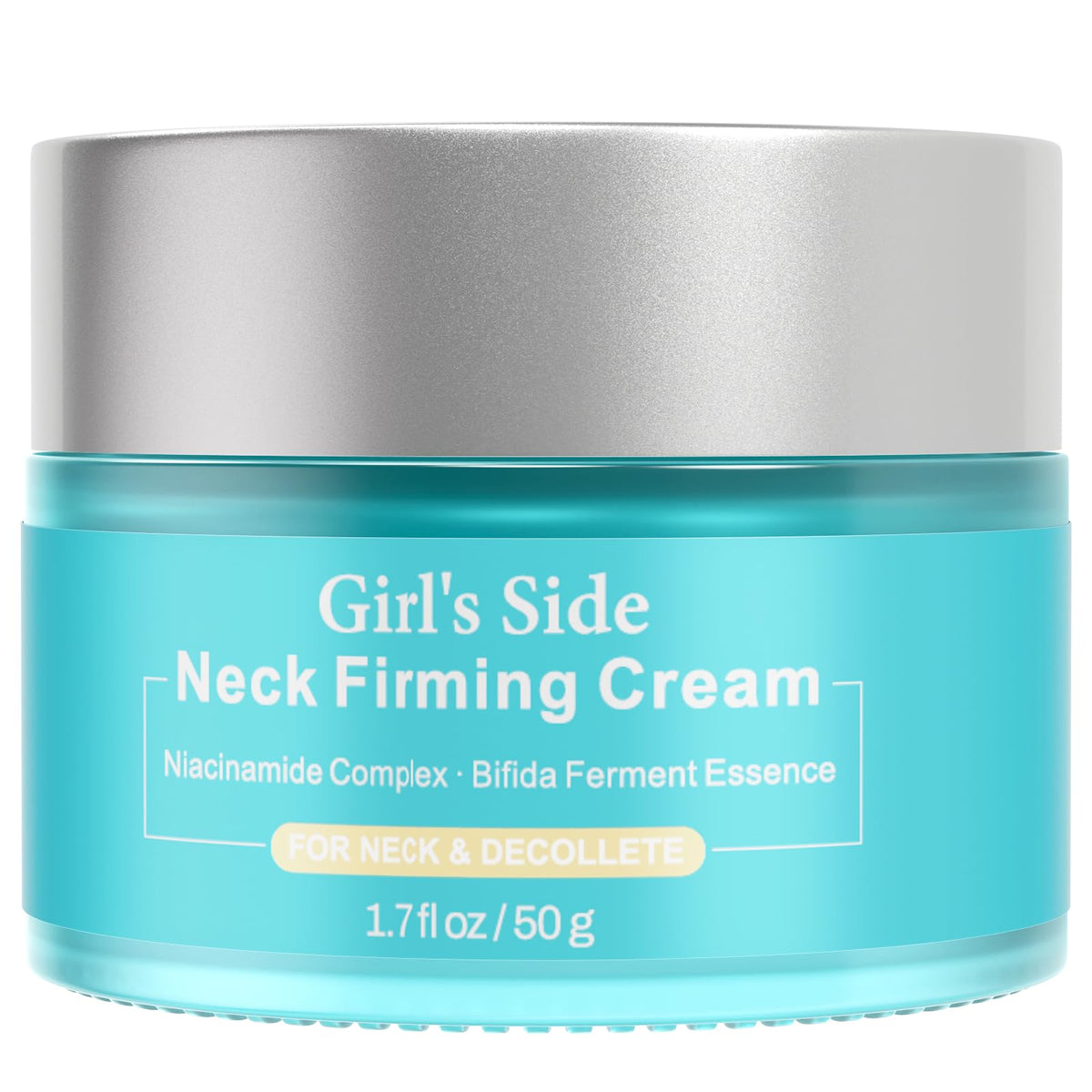 Girl's side neck firming cream jar close-up highlights a hydrating, silky texture.