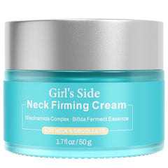 Girl's side neck firming cream jar close-up highlights a hydrating, silky texture.
