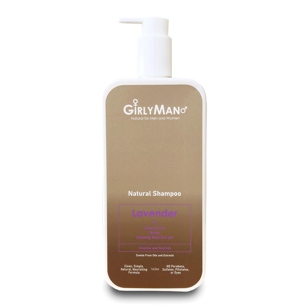 GirlyMan lavender shampoo bottle front shows natural lavender scent for a calming wash