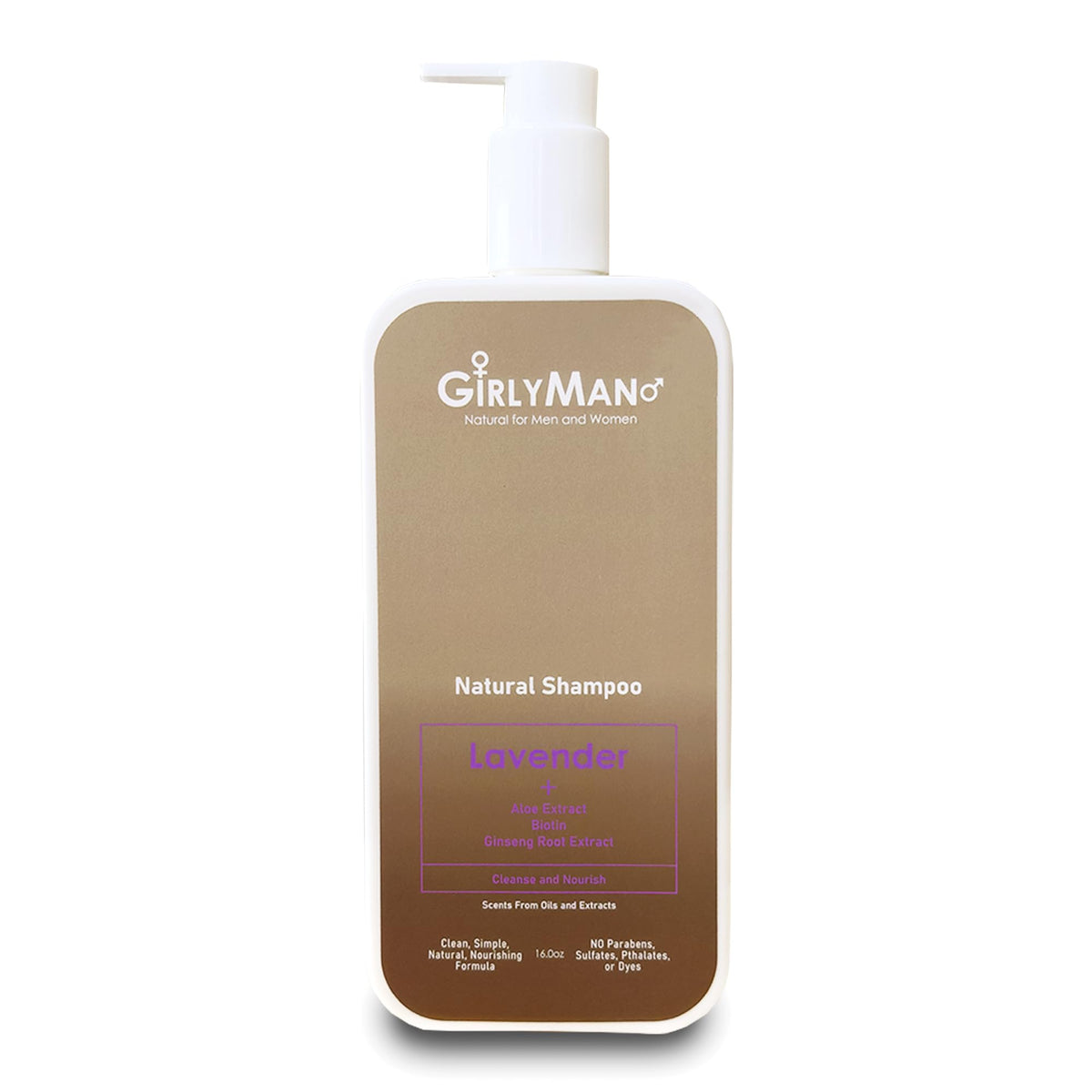 GirlyMan lavender shampoo bottle front shows natural lavender scent for a calming wash