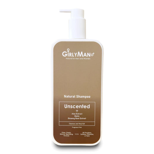GirlyMan unscented shampoo bottle closeup highlighting gentle, non-toxic cleansing.