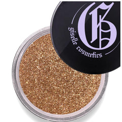 Giselle Cosmetics Brown Gold Loose Mineral Eye Shadow jar with rich pigment and luminous sparkle.