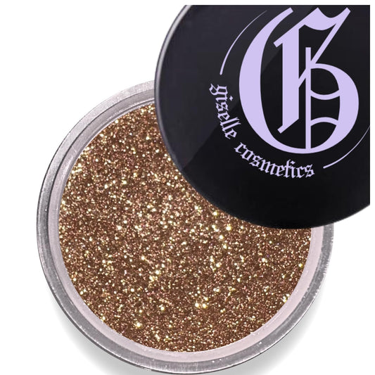 Giselle Chocolate Gold mineral loose eyeshadow in a jar with rich pigment and smooth application.