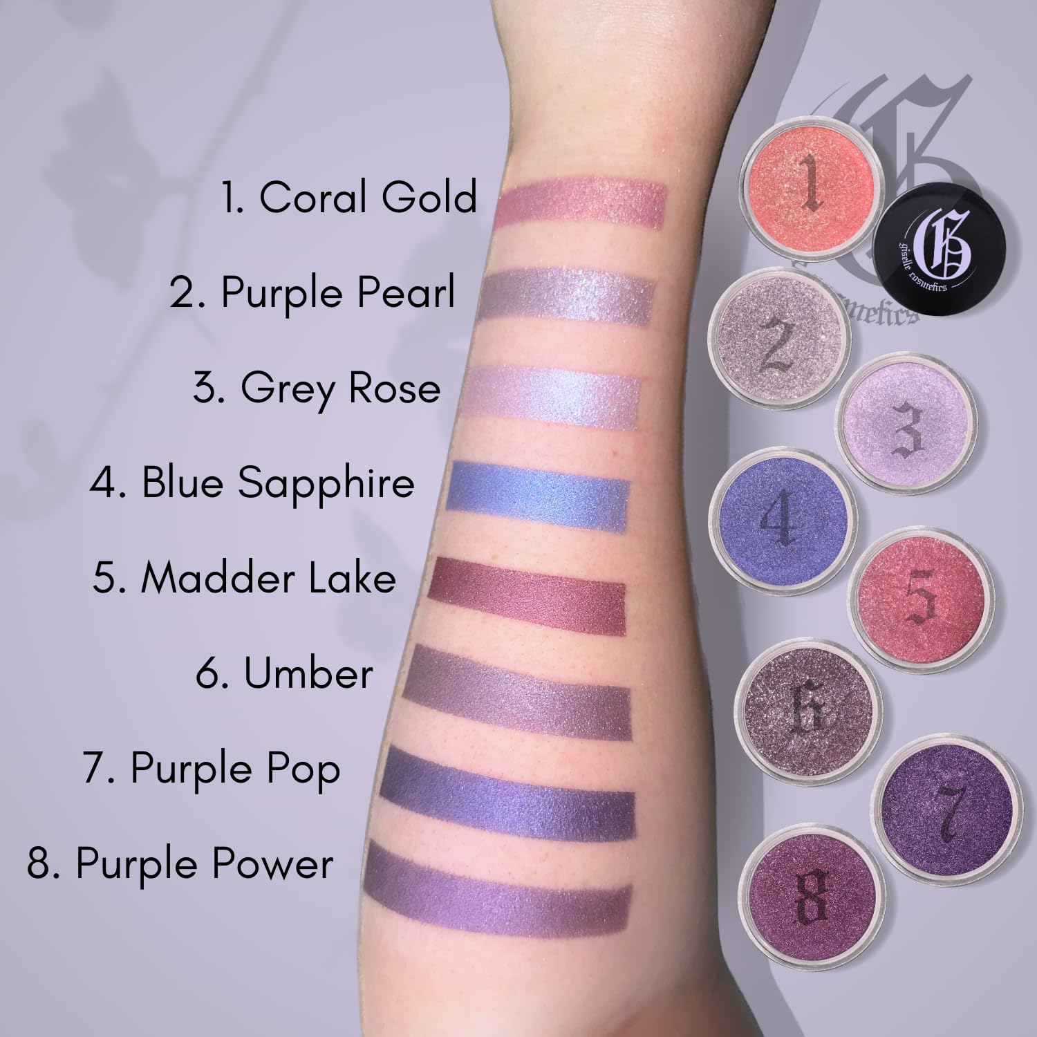 Giselle Cosmetics metallic purple eyeshadow swatch for eye-catching accents and longevity