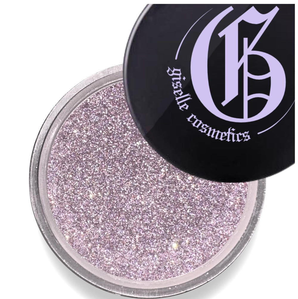 Giselle Cosmetics Purple Pearl loose eyeshadow jar showing vibrant pigment and sparkle.