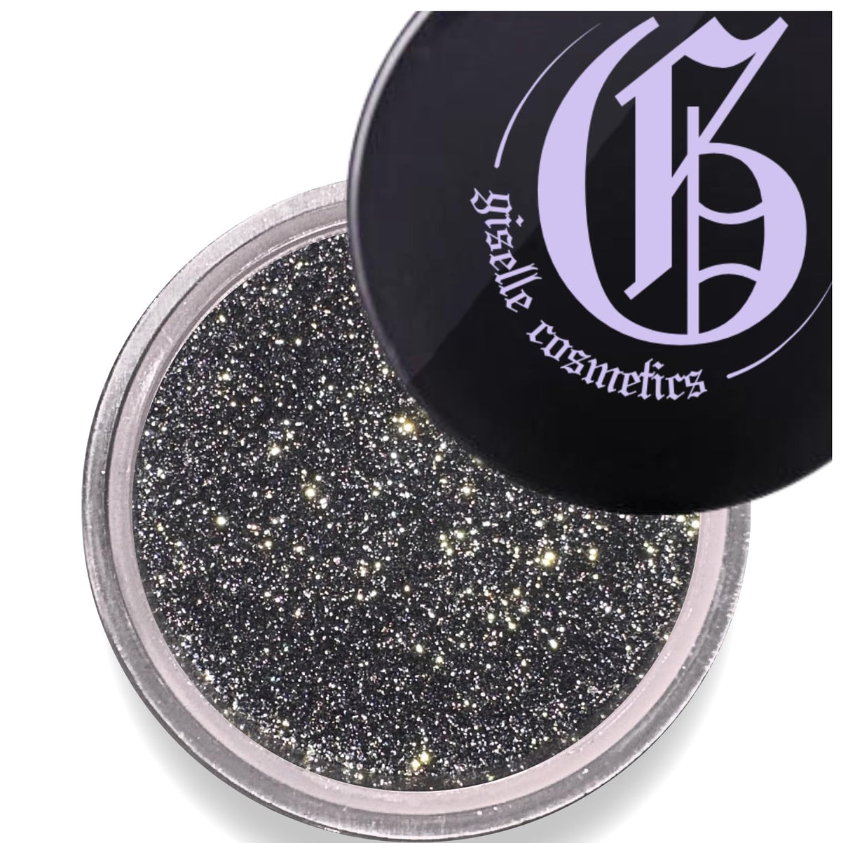 Giselle Diamond Coal Eye Shadow jar close-up shows rich black shimmer