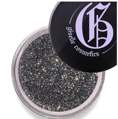 Giselle Diamond Coal Eye Shadow jar close-up shows rich black shimmer