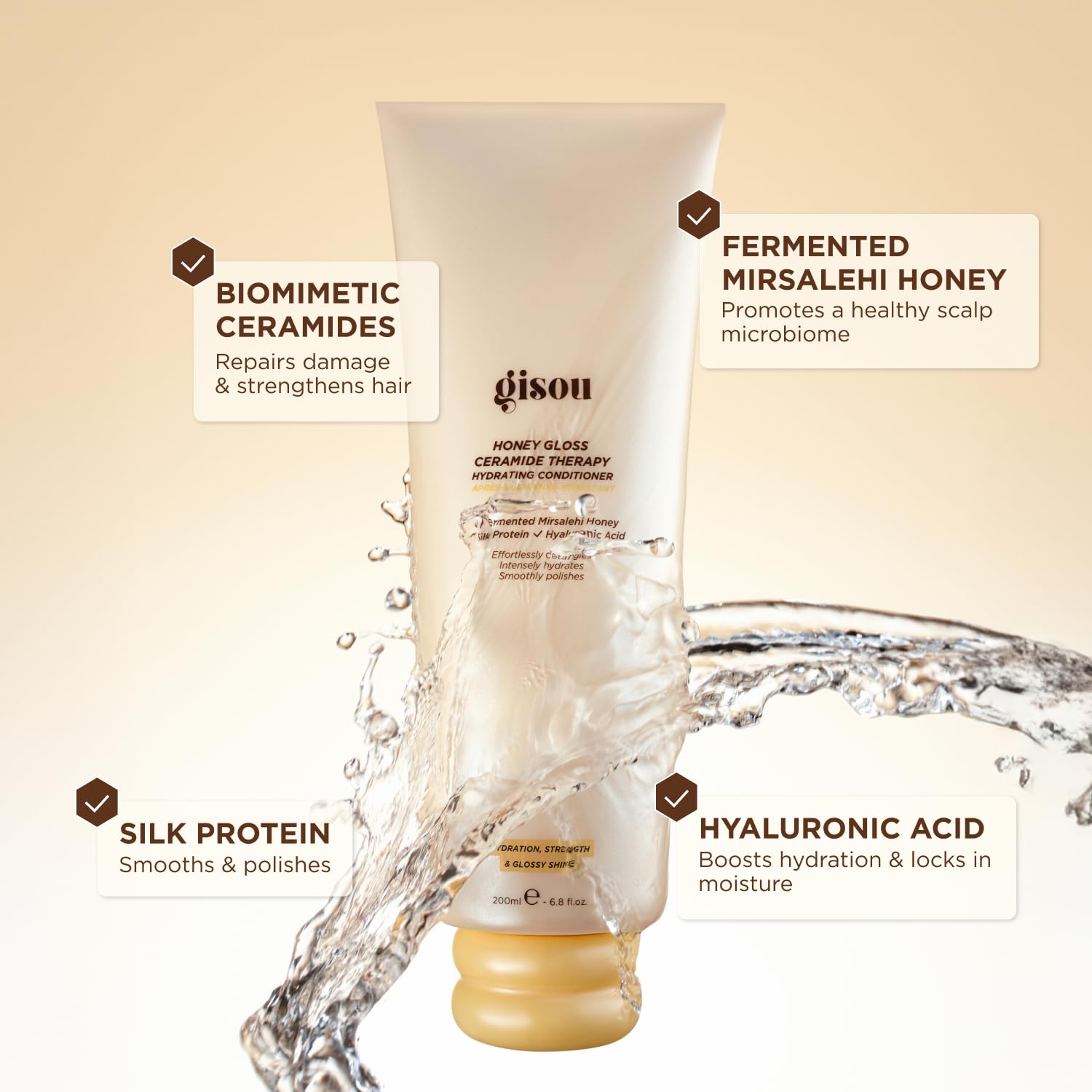 Gisou Honey Gloss Ceramide Therapy Conditioner label close-up highlighting premium hydration