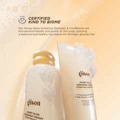 Gisou Honey Gloss Ceramide Therapy Hydrating Shampoo lather in hand reveals cleansing power.