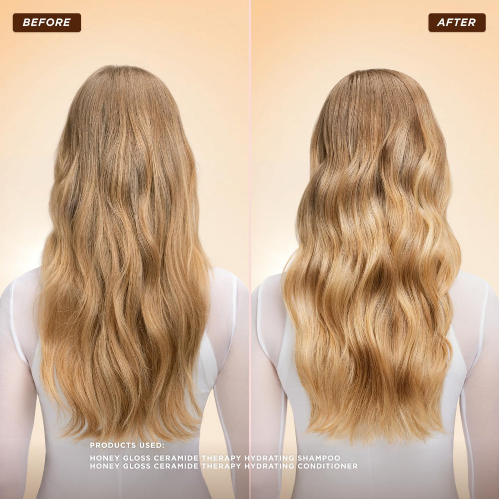 Gisou Honey Gloss Ceramide Therapy Hydrating Shampoo on bathroom shelf suggests routine care.
