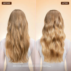 Gisou Honey Gloss Ceramide Therapy Hydrating Shampoo on bathroom shelf suggests routine care.