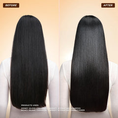 Gisou Honey Gloss Ceramide Therapy routine bottle shows glossy finish for hair shine