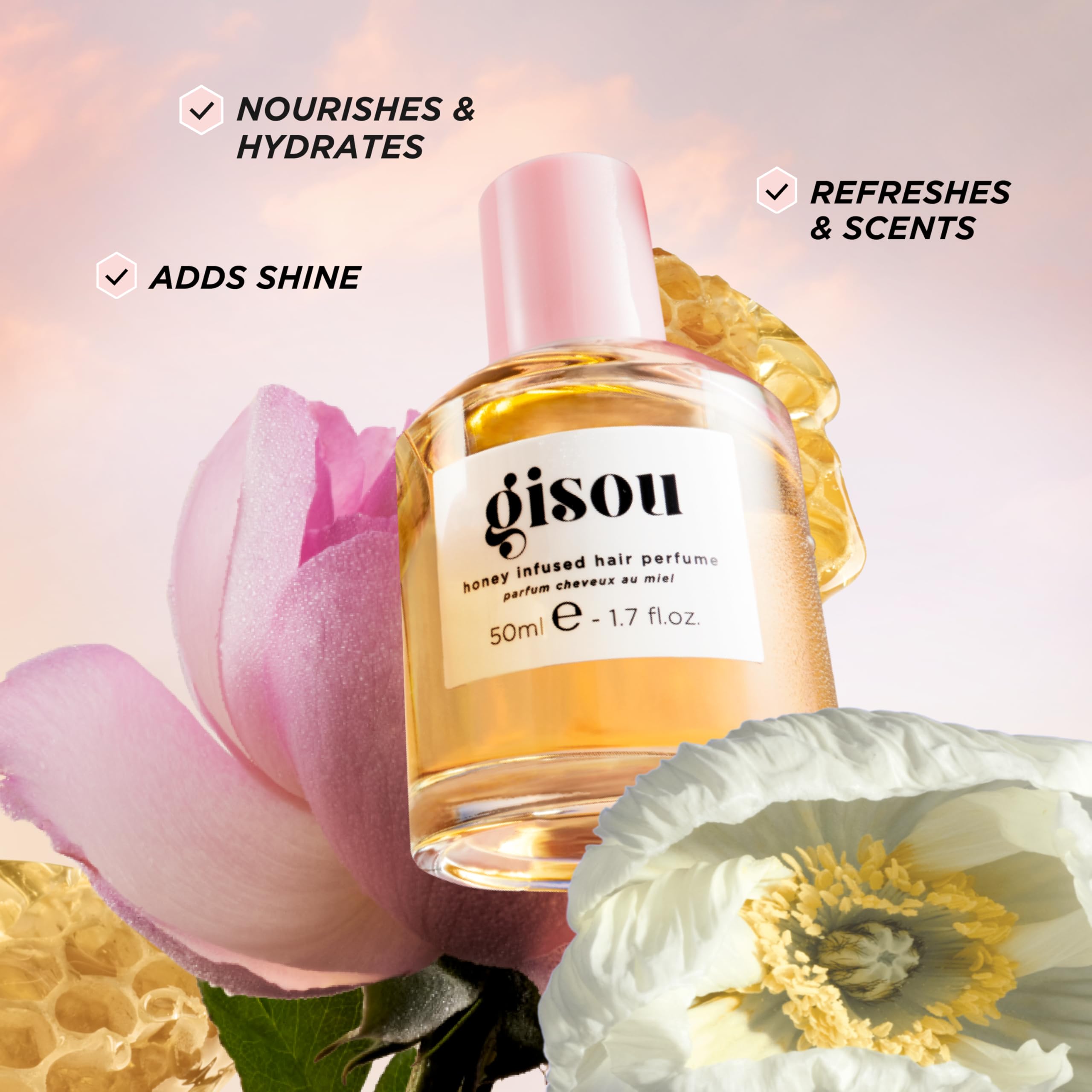 Gisou Honey Infused Hair Perfume with Argan Oil for smoother, softer hair.