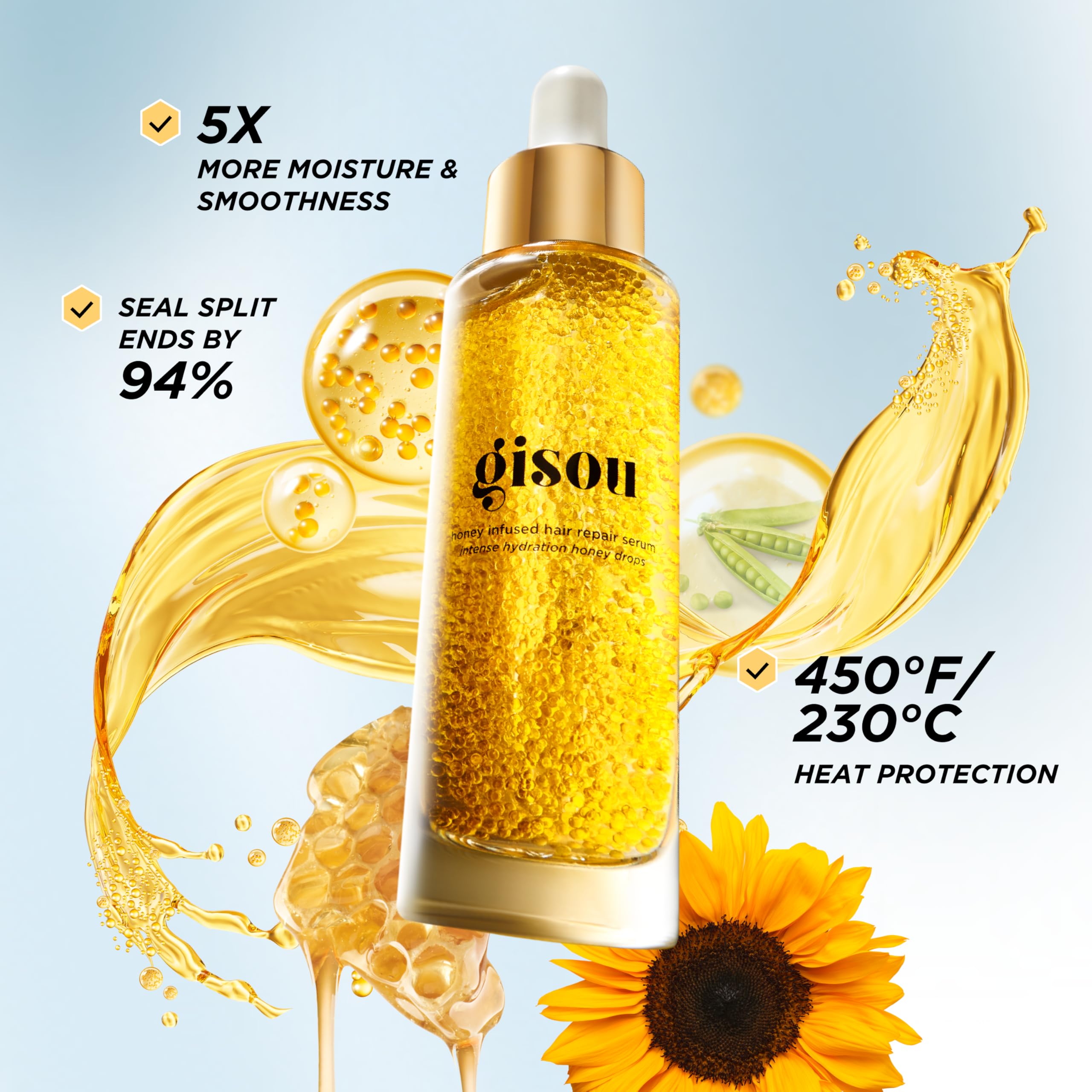 Gisou Honey Infused Hair Repair Serum dispenser in action for precise application.