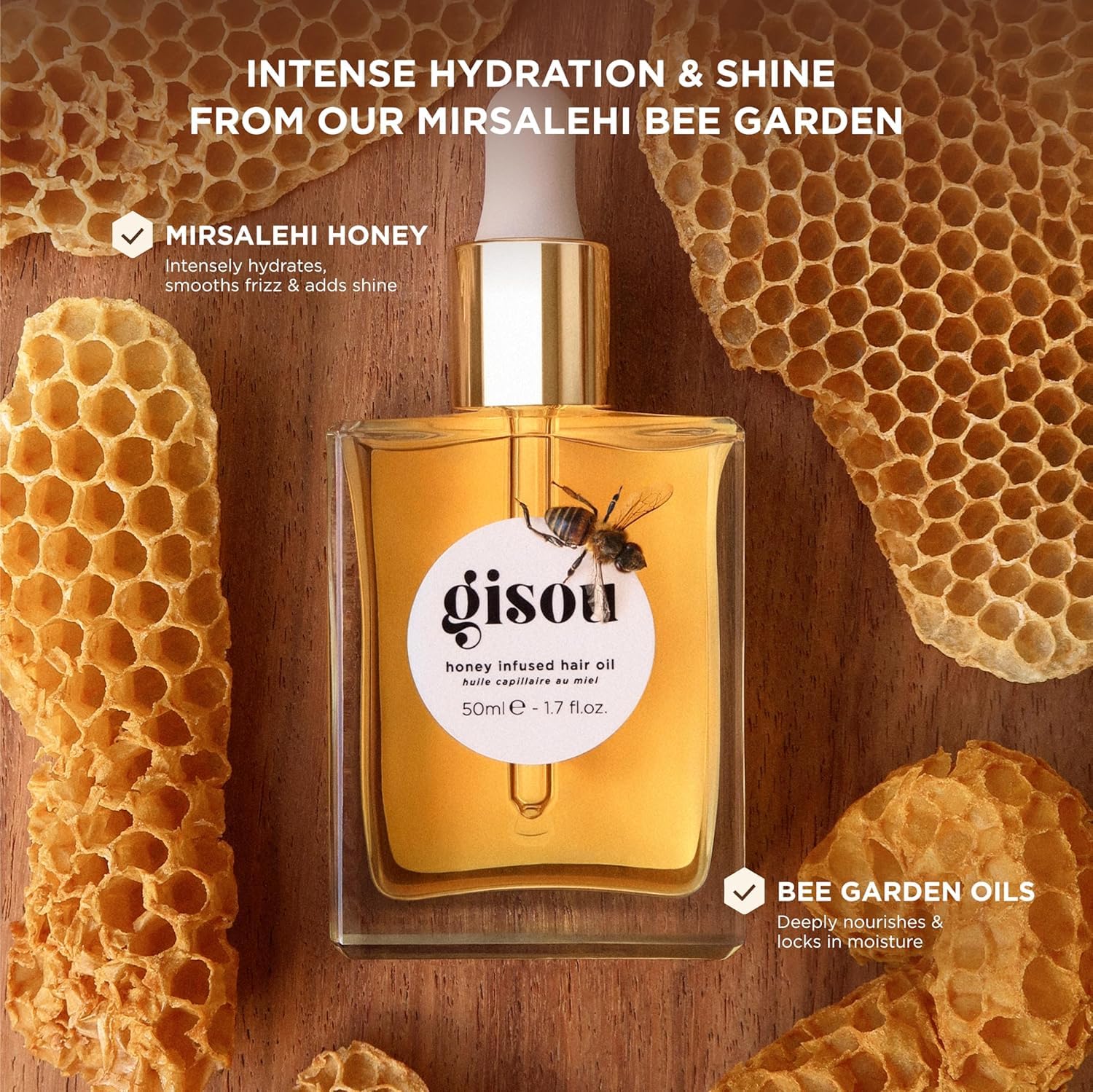 Gisou Honey Infused Hydrating Lip Oil Fresh Honey bottle highlights hydration.