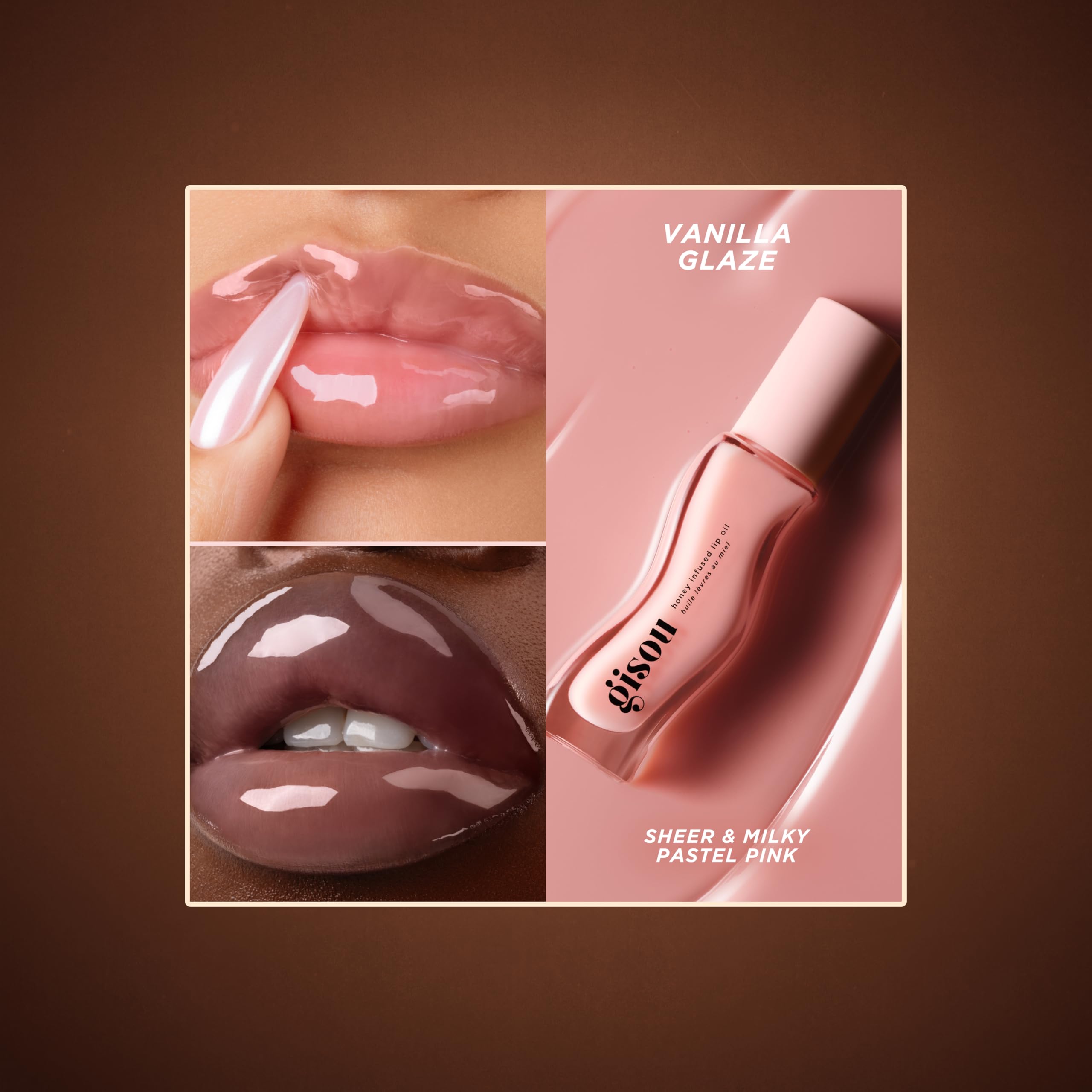 Gisou Honey Infused Lip Oil close-up with Mirsalehi honey drops for natural nourishment.