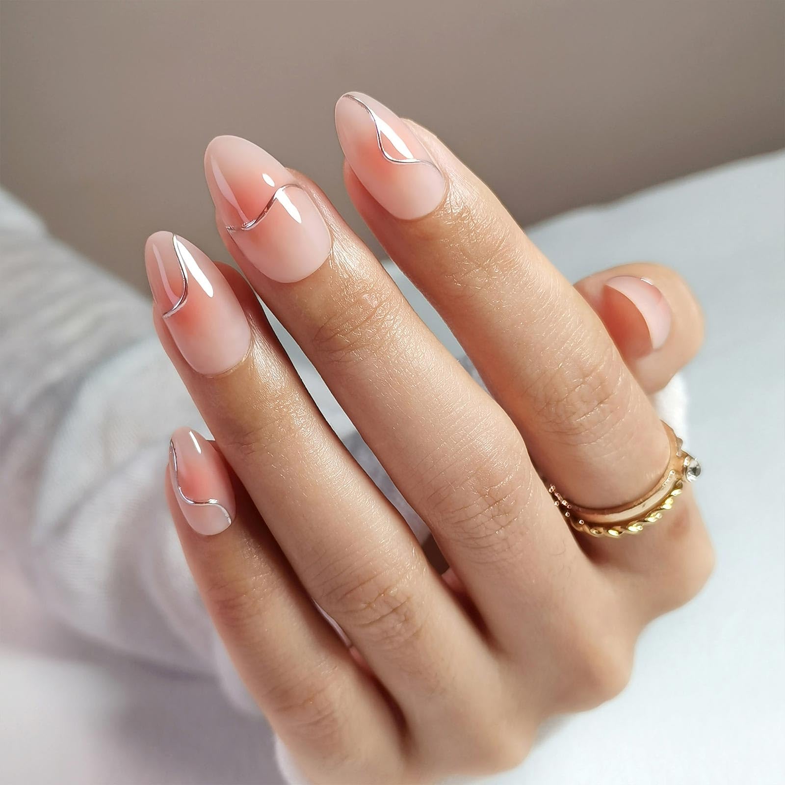 GJZEZ almond press on nails in short soft gel blush pink for quick manicures.