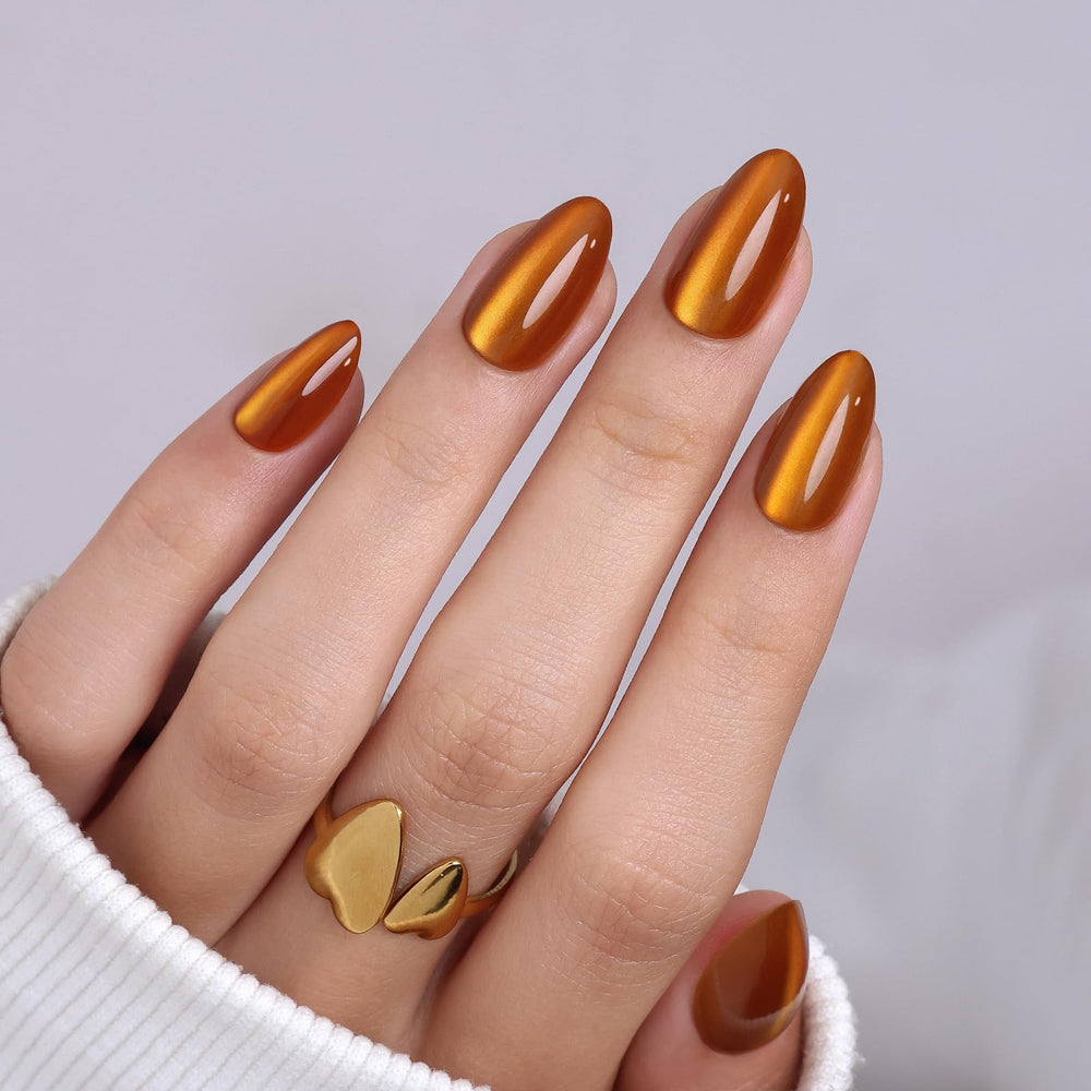 GJZEZ orange press-on nails short almond for quick salon-style manicure at home.