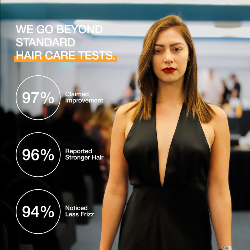 GK Hair Gold Conditioner silkiness cue shows soft, hydrated hair after washing.